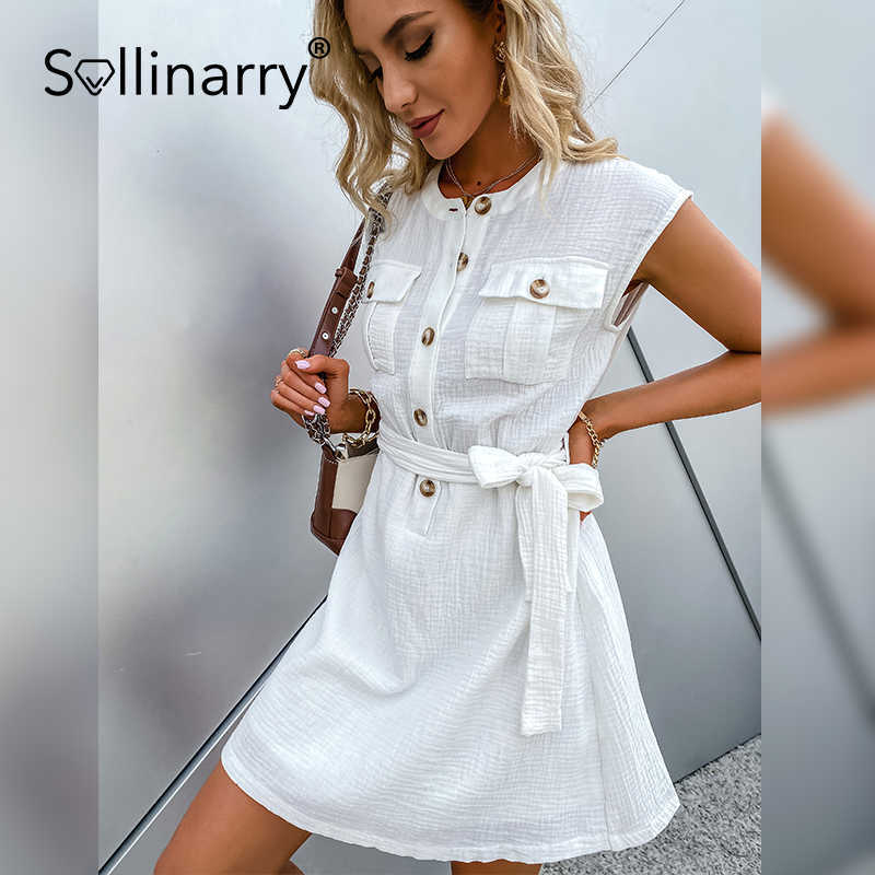 Sollinarry Elegant Summer Sleeveless Dress Office Ladies Buttoned Lace-up Dress Casual White Cotton O-neck A-line Vestidos 210709