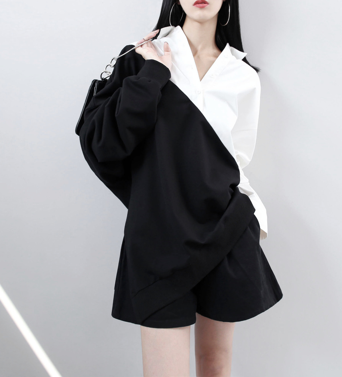 [EAM] Spring Lapel Long Sleeve Solid Color Black White Split Joint Loose Big Size Sweatshirt Women Fahion Tide JC319 201112