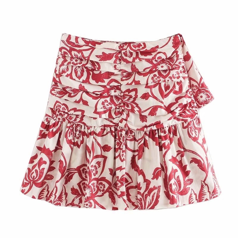 Women sweet tropical flower print pleated mini skirt faldas mujer ladies casual slim side zipper ruffles skirts QUN561 210309