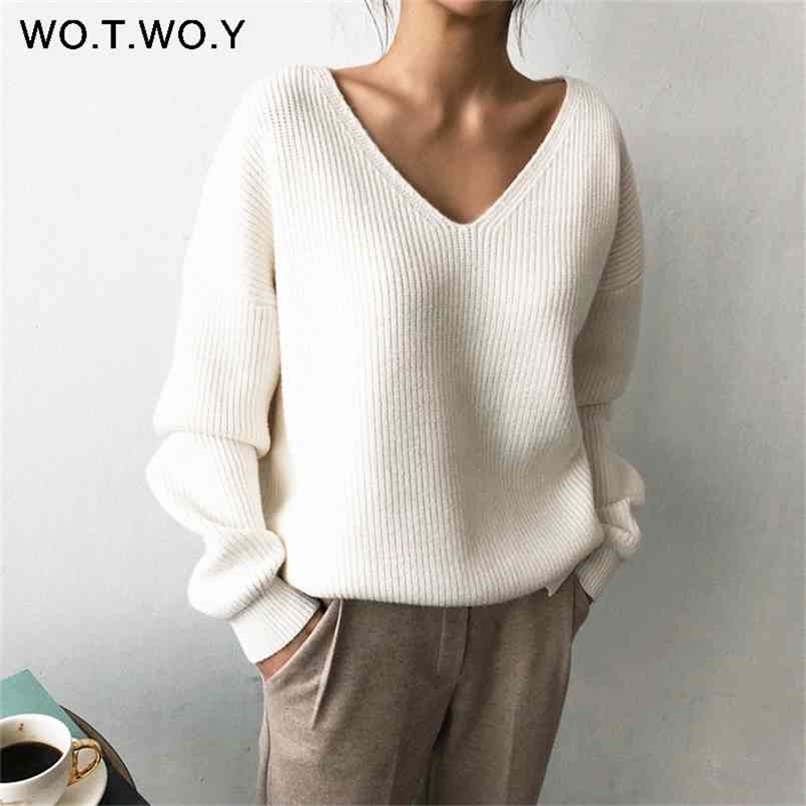 WOTWOY V-neck Knitted Oversized Sweater Autumn Winter Long Sleeve Basic Sweater White Casual Loose Pullovers Female 210914