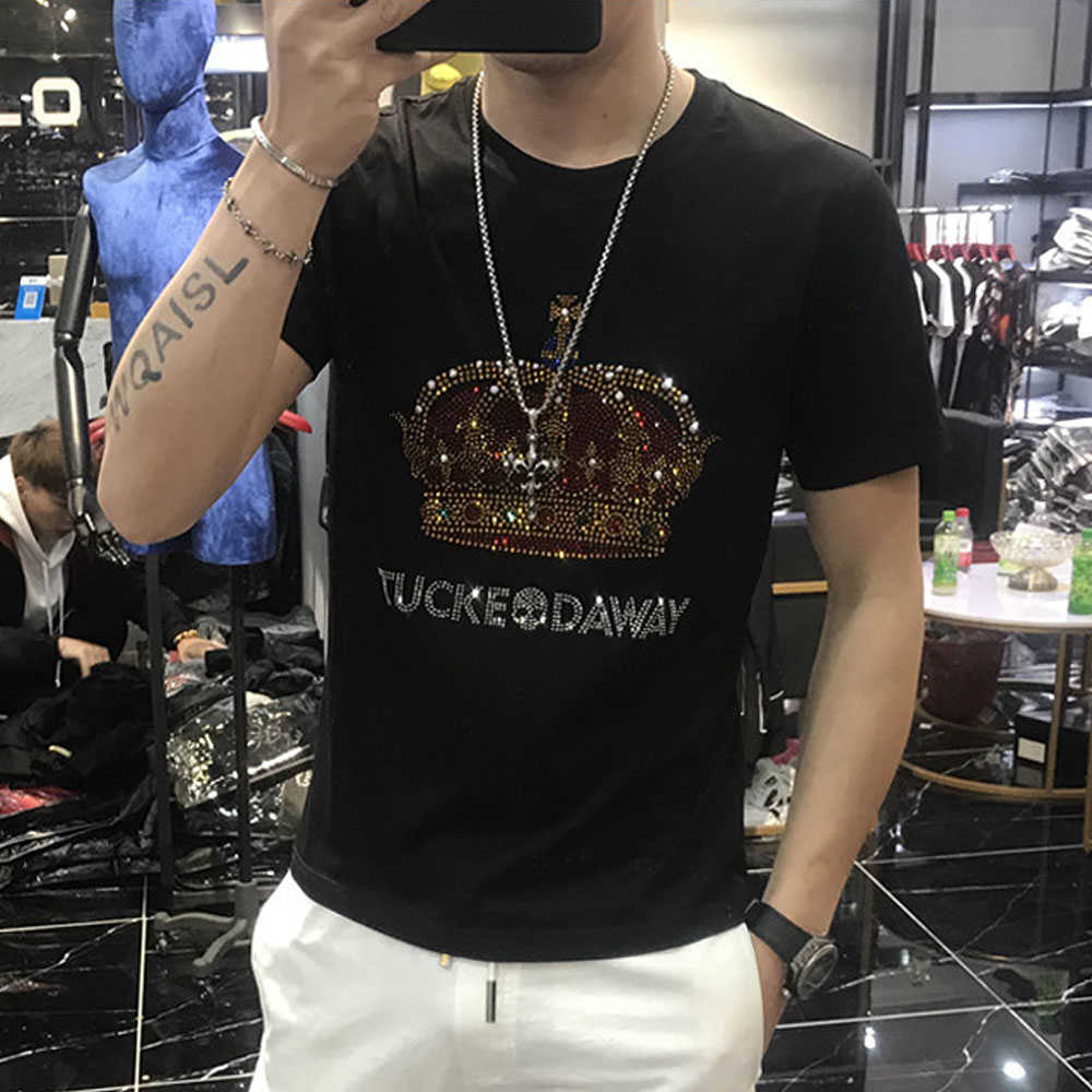 Summer Leisure Men's Crown Diamonds T-shirts Male Ropa Mujer Drilling Streetwear Skulls Beading Tshirt Man Cotton Tops Tees 210707