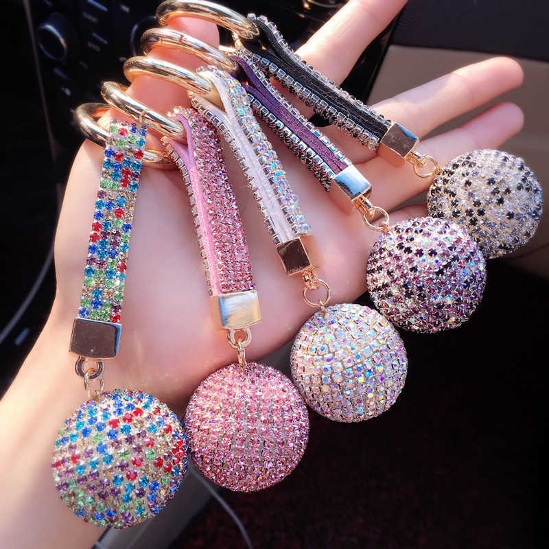 Key Rings Elegant Crystal Ball Keychain Full Water Diamond Leather Shoulder Strap Lace Bag Charm Pendant Car Keyring Bracket Jewelry Gift G230526