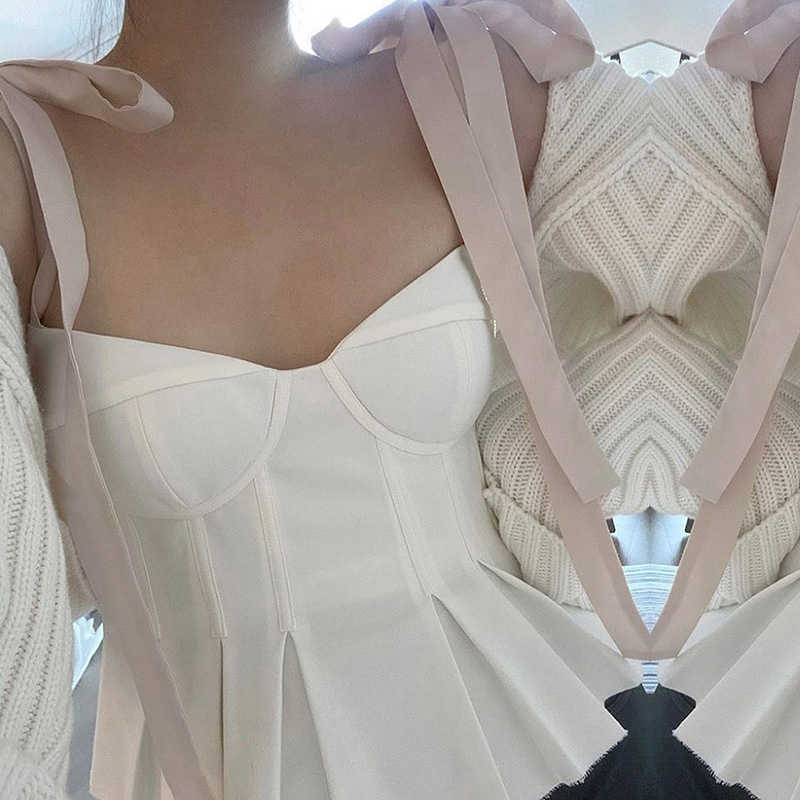 Hbenna Bow Lace up Crop Top Women Elegant V-Neck Ruffles Hem Camis Pink Strap Tank Top Summer White Ruched Sleeveless Top Sexy 210625