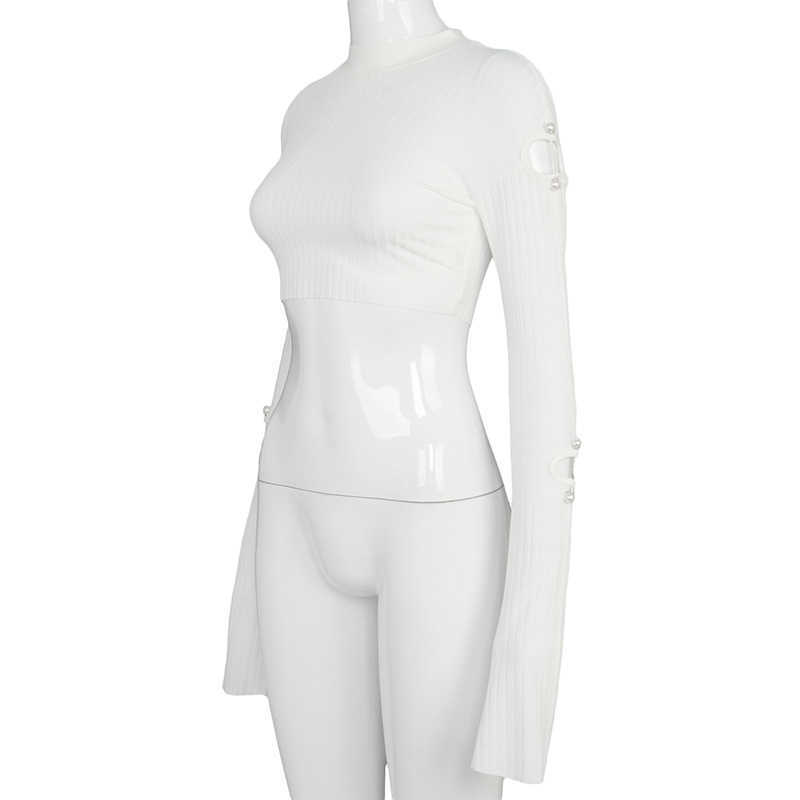 Colysmo Woman Long Sleeve Crop Tops Chic Cut out Flare Bead Bodycorn Tshirts Fall Women Casual Clothing 210527
