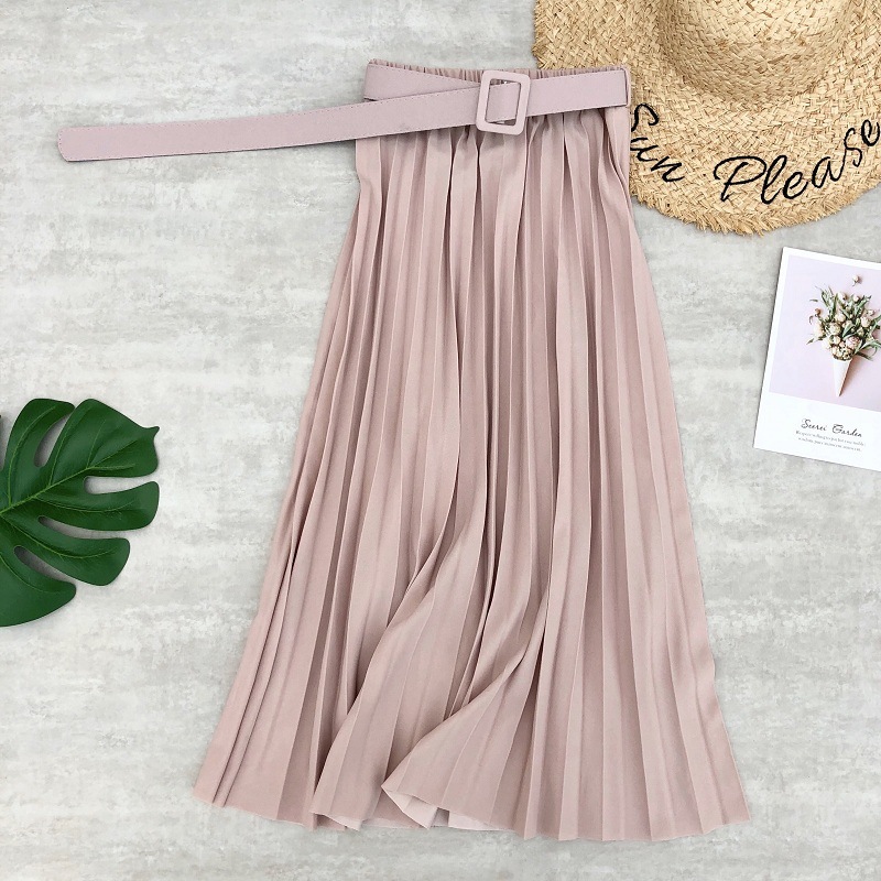 Fashion Autumn Women elegant Retro pleated skirts female High waist skirt with Belt Chiffon Pleated midi long skirts womens 210306