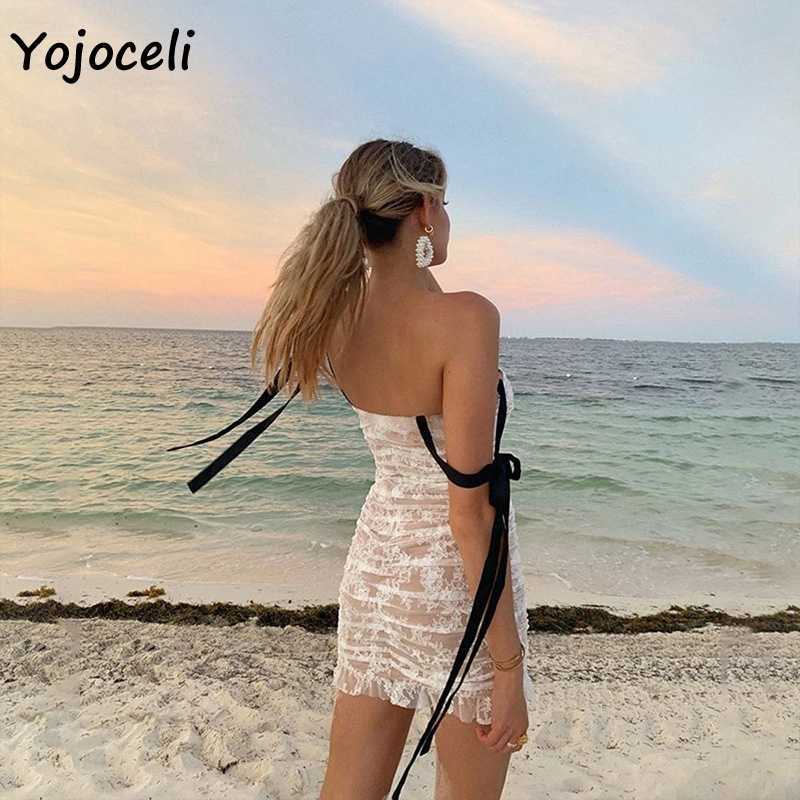 Yojoceli autumn sexy lace dres strap bow ruffle crochet 210609