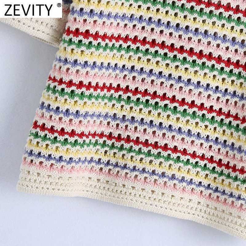 Zevity Women Stand Collar Rainbow Striped Casual Jacquard Knitting Sweater Female Chic Short Sleeve Pullovers Hollow Tops SW804 210918