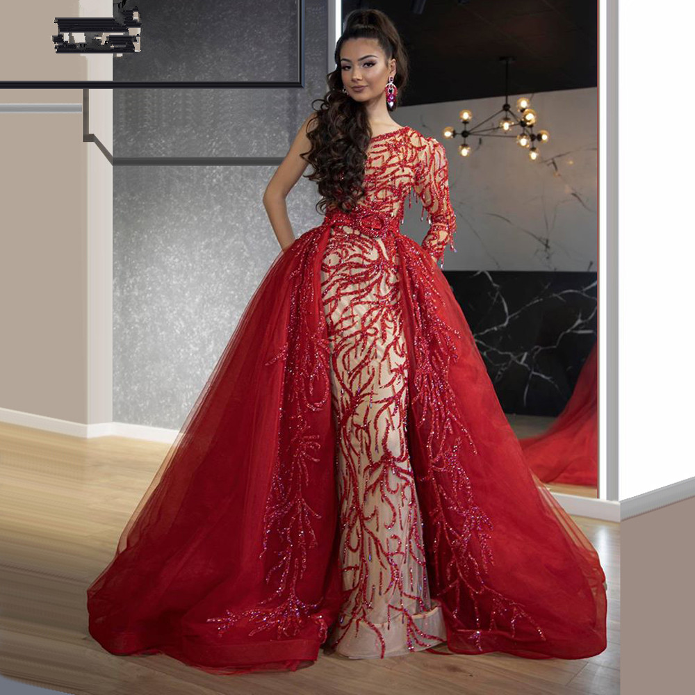 Glamorous One Shoulder Mermaid Prom Dresses Sequins Sash Detachable Train Evening Dress Custom Made Tassel Floor Length Celebrity Party Gown