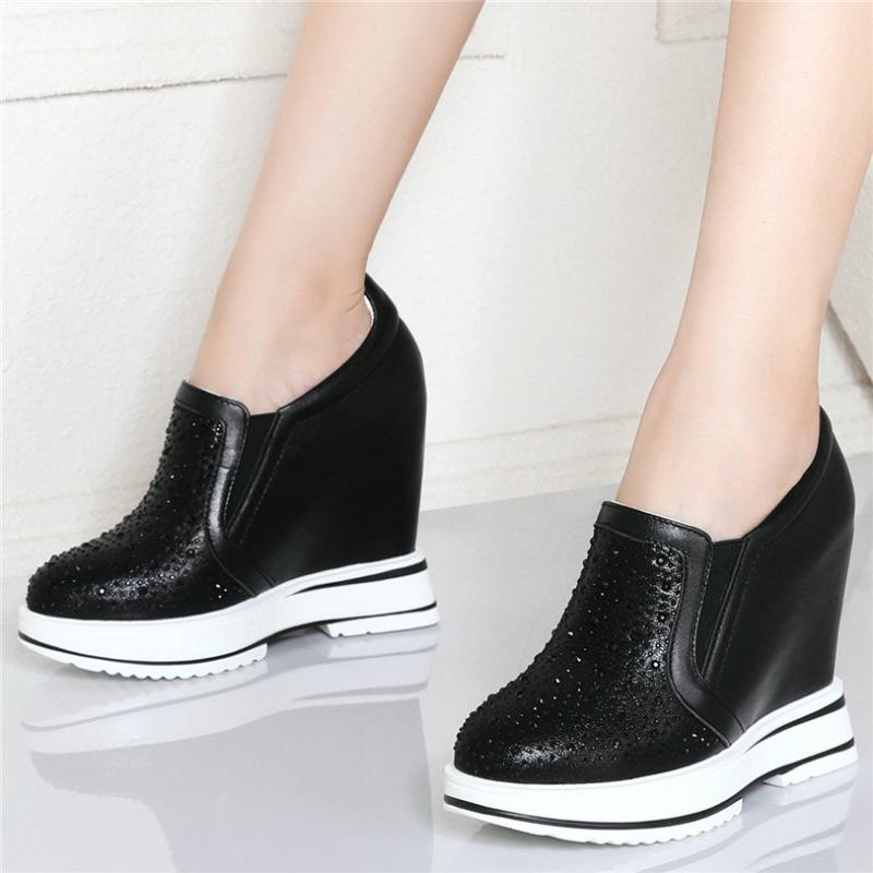 Dress Shoes Casual Women Genuine Leather Wedges High Heel Platform Pumps Female Round Toe Fashion Sneakers Rhinestones Trainers