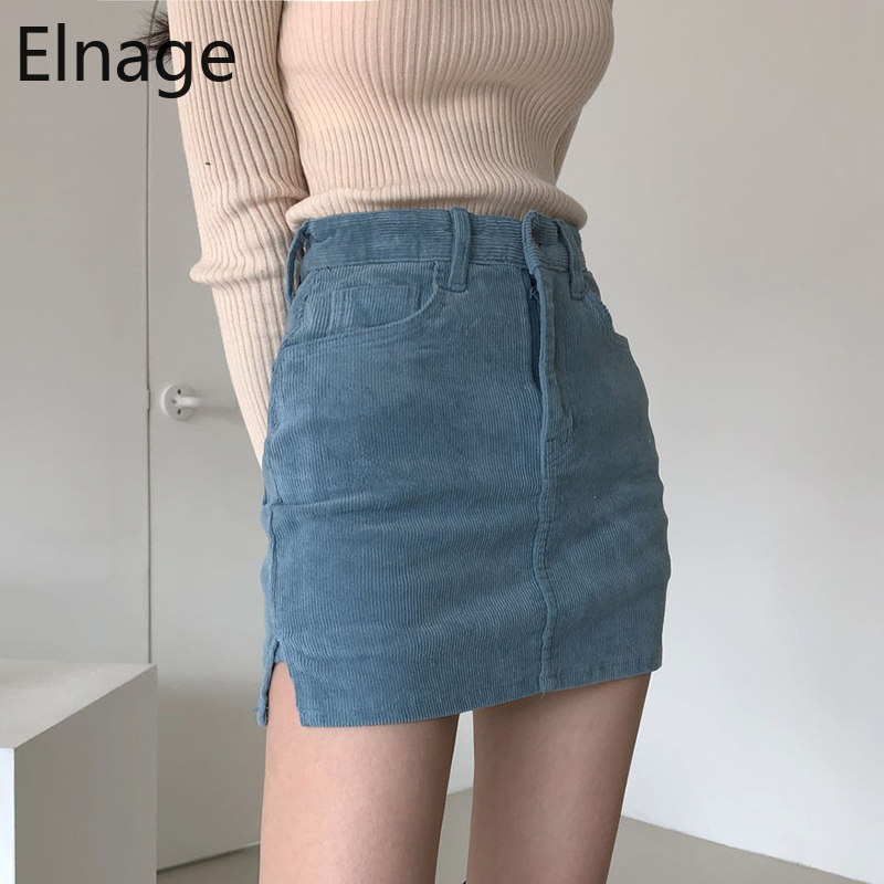 Korea Style Chic Retro Faldas High Waist Slim Jupe Femme Wrap Hip Skirts Blue Split Corduroy Black A-line Skirt Women Mini 5B160 210309