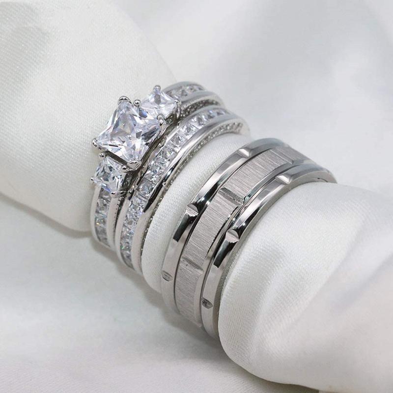 Wedding Rings Couple Women's Classic Square Zircon Engagement Ring Set & Men's 8MM Stainless Steel Silver Color Groove Cut