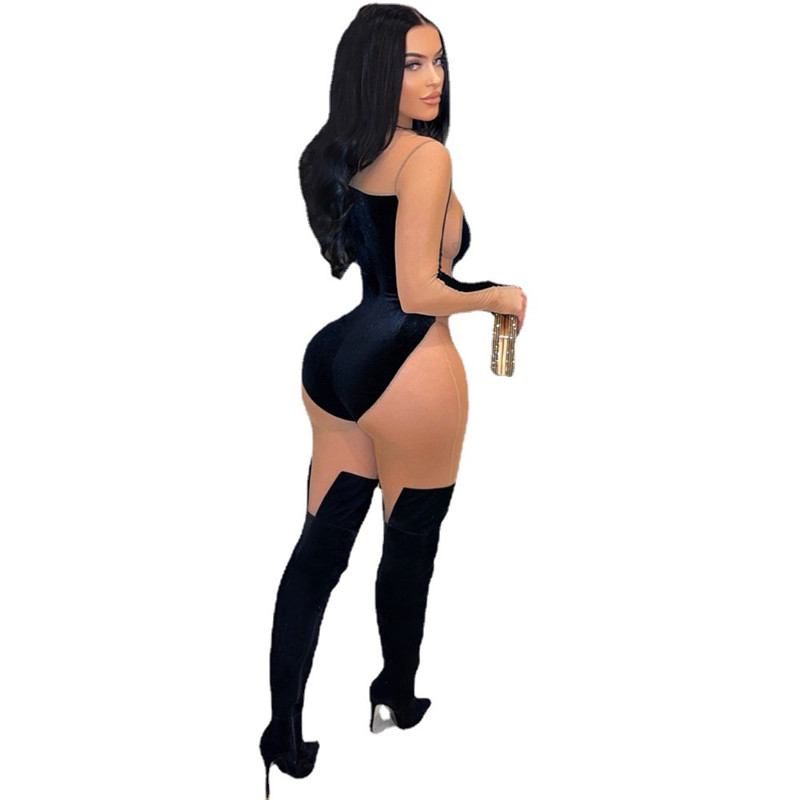 Fall Winter Velvet Jumpsuits Women Velour Mesh Rompers Long Sleeve Jumpers Sheer Casual Bodycon Bodysuit Sexy Night Club Wear Wholesale Items 6922