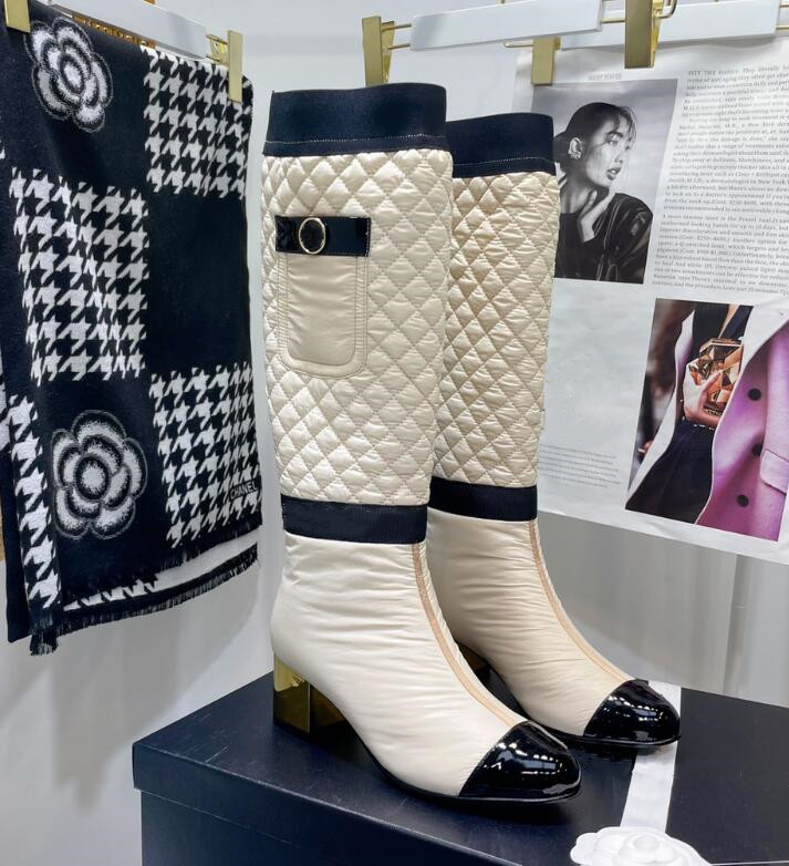 Fashion trendsetter big-brand boots are straight but knee-length zipper gold thick heel leather round bullet mouth white black beige