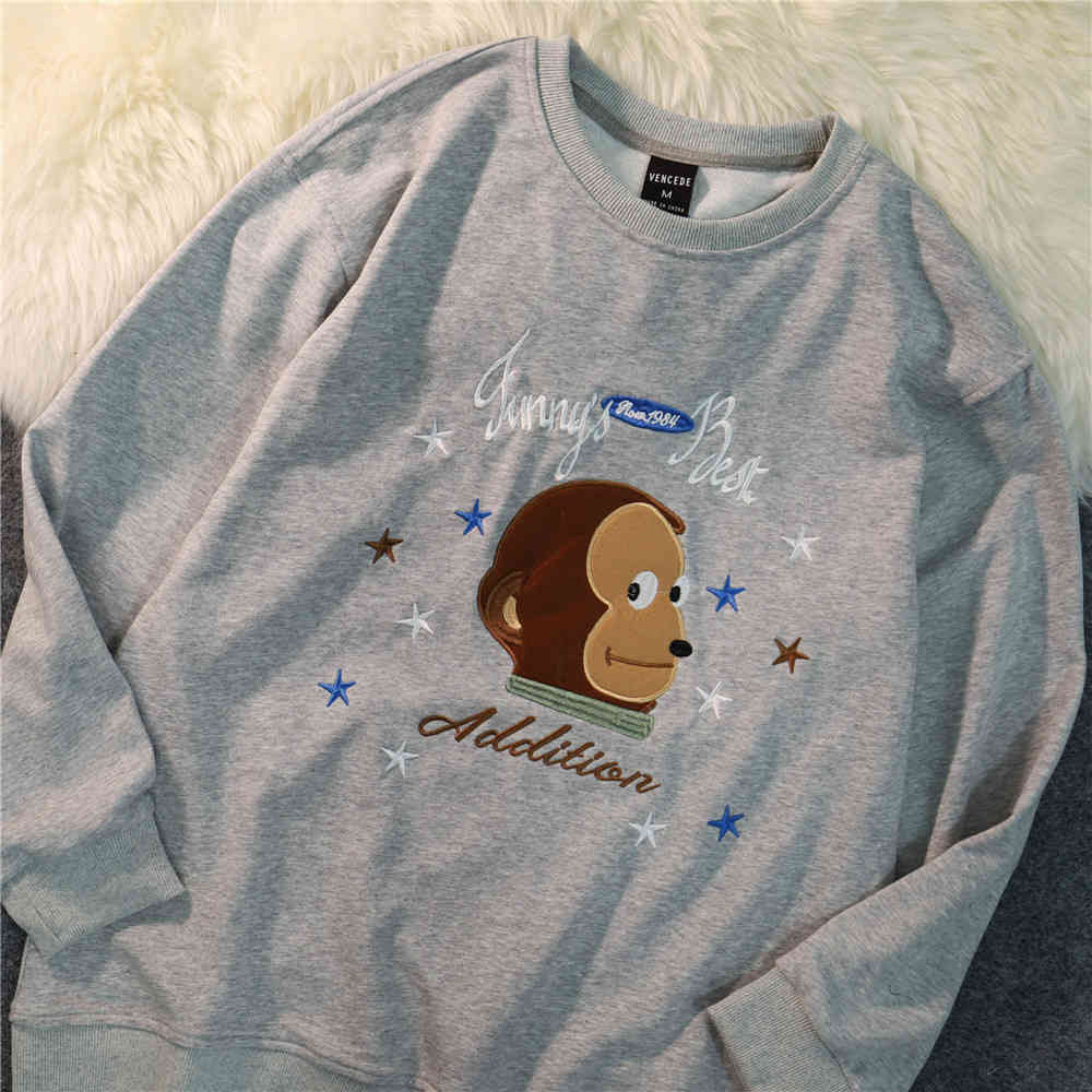 Sweatshirts Cartoon monkey print hoodless sweater mens street fashion brand loose round neck long sleeve Pullover Hoodie, White 
Sweatshirts Cartoon monkey print hoodless sweater mens street fashion brand loose round neck long sleeve Pullover Hoodie, White