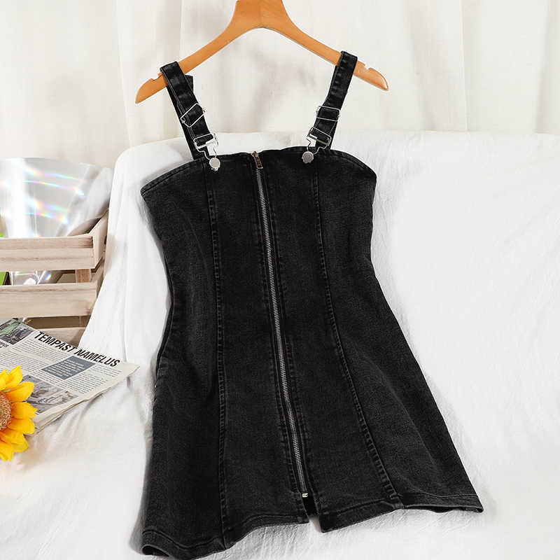 DEAT Women Denim Dress Fashion Spring Summer Ladies Vintage A-line Sling Denim Dress HR369 210709