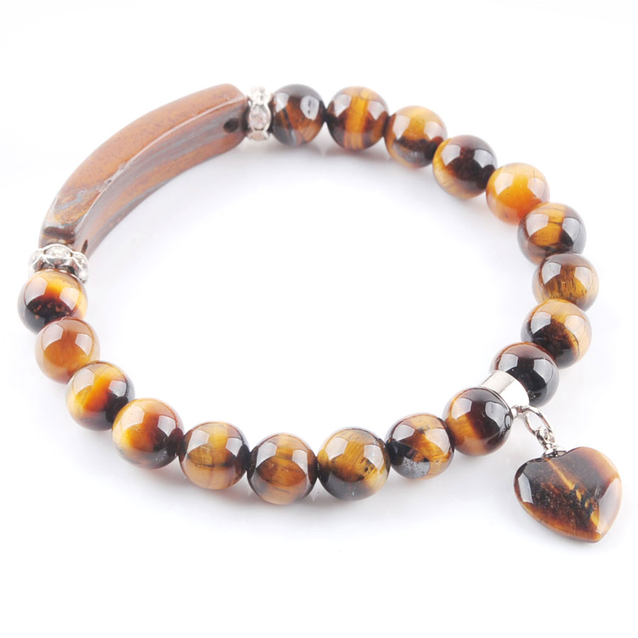 WOJIAER Natural Stone Beads Tiger Eye Strand Bracelets & Bangles Heart Shape Silver-color Fitting Women Jewelry Love Gifts K3313