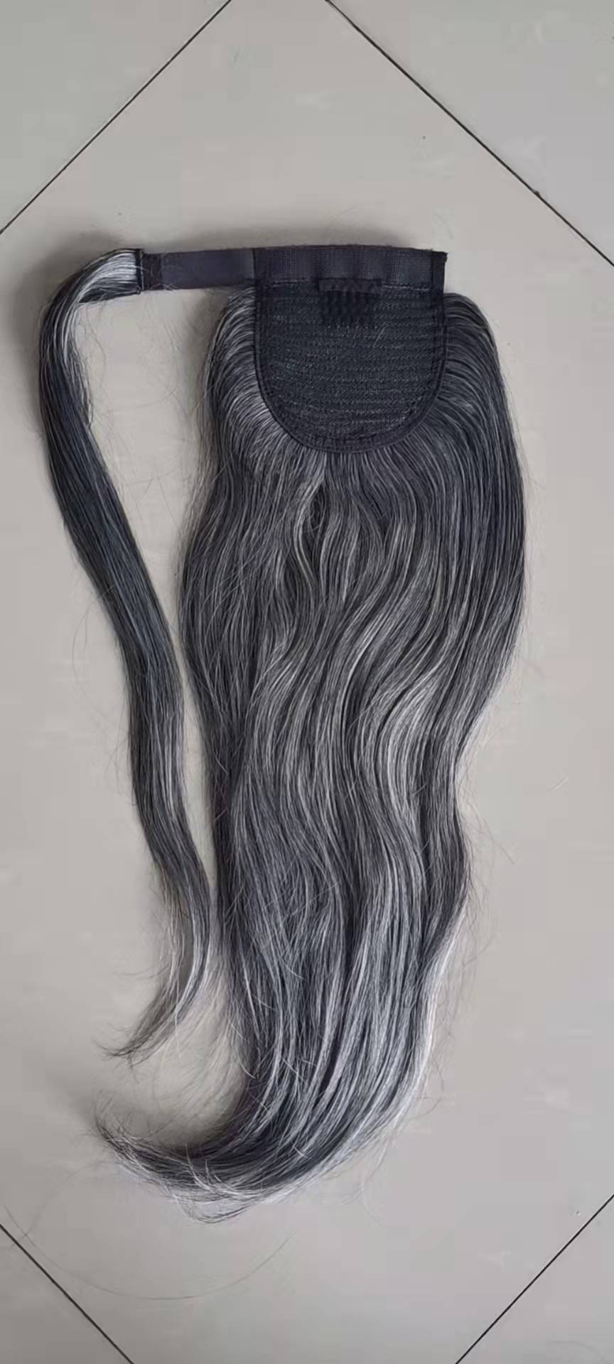 Look young Straight Gray human hair ponytail hair piece wraps around salt &pepper high sleek natural grey pony tail hairpice extension 120g