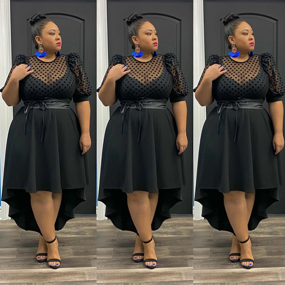 6XL Plus Size Black Dress For Women Puff Sleeve Asymmetrical Dresses Female Vintage Polka Dot Dress With Sashes Party Dress D20 210309