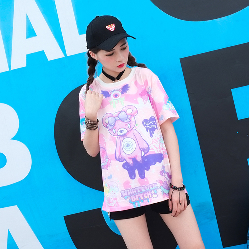 Pastel Goth Cute Pink T Shirt Bear Monsters Whatever Bitch Graffiti Funny Casual T-shirt Women Fashion Novelty Short Sleeve Tee 210306