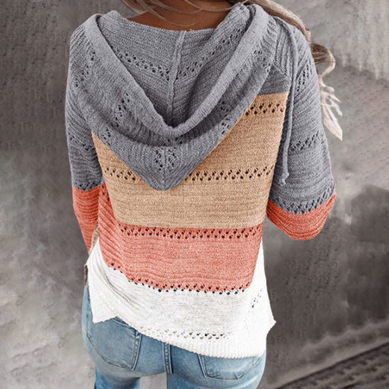 Female Patchwork Autumn Vintage Hoody Hole Coat Soft Casual Knitted Zipper Hoody Hoodie For Women S-V 201211