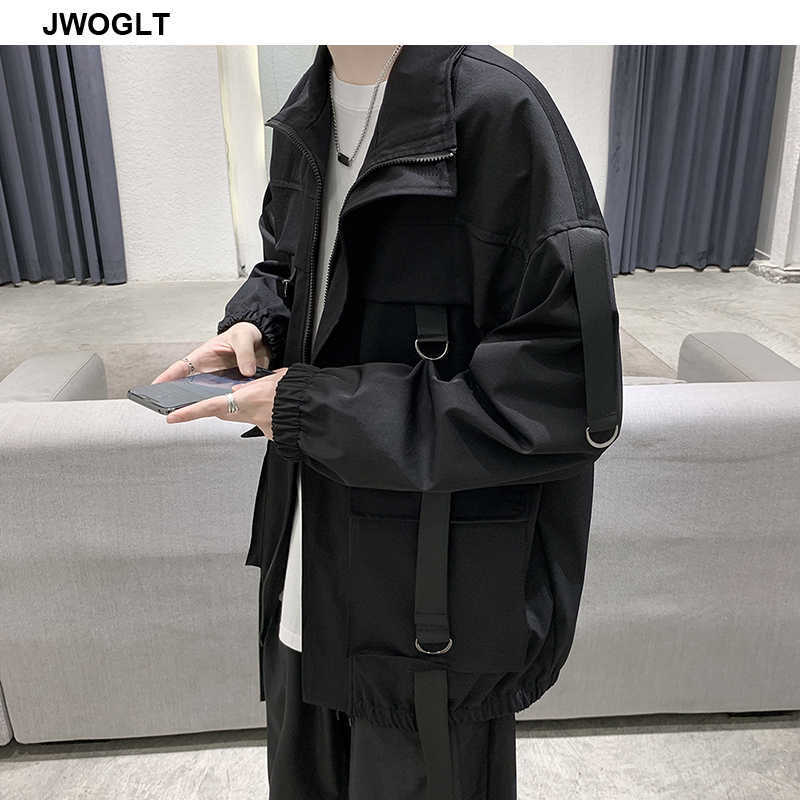 Men's Cargo Jacket Autumn All-Match Harajuku Outwear Korean Style Streetwear Trend Many Pockets Ribbons Zipper Jackets Coats 210528