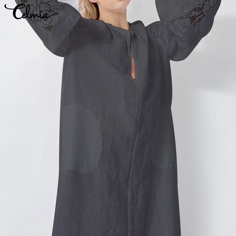 Celmia Women White Dress Summer Bohemian Casual Loose Lace Maxi Long Sundress Long Sleeve Shirt Party Vestidos Plus Size T200117