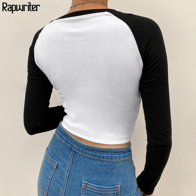 Contrast Color Ribbed Y2k Aesthetic Harajuku Crop Tops Women Fall O-Neck Long Sleeve Casual Basic T Shirt Femme RapWriter 210302