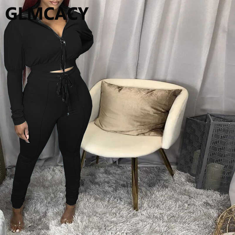 Women Two Piece Solid Tracksuits Long Sleeve Zipper Jacket & Drawstring Pants Set 210702