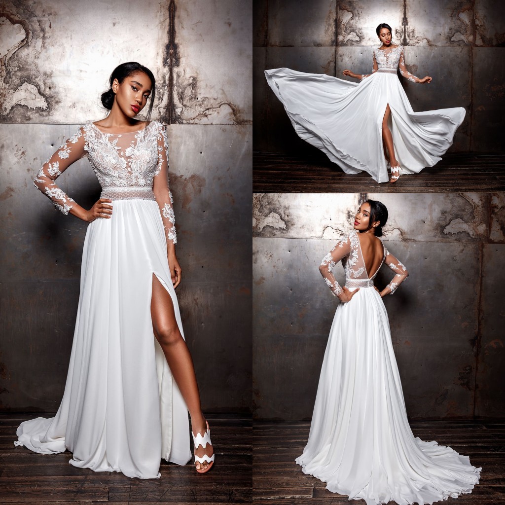 2021 Chiffon A Line Wedding Dress Lace Appliqued Sexy Illusion Long Sleeves Beach Bridal Gowns Summer Fall Side Slit Vestido De Novia Plus Size Open Back Boho AL9495, White
2021 Chiffon A Line Wedding Dress Lace Appliqued Sexy Illusion Long Sleeves Beach Bridal Gowns Summer Fall Side Slit Vestido De Novia Plus Size Open Back Boho AL9495, White