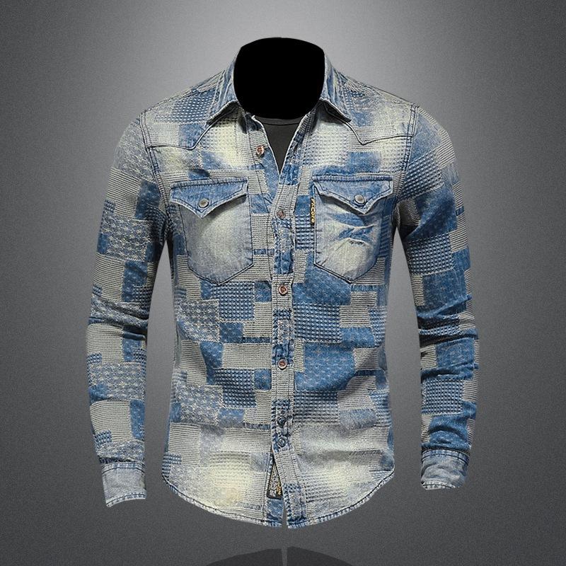 Men's Casual Shirts Fashion Lapel Long Sleeve Patch Men Denim Shirt Literary Personality Lattice Motorcycle Style Retro Thin Coat, Color matching
Men's Casual Shirts Fashion Lapel Long Sleeve Patch Men Denim Shirt Literary Personality Lattice Motorcycle Style Retro Thin Coat, Color matching