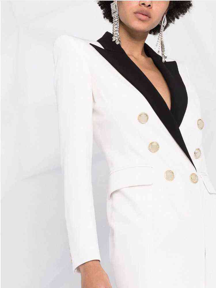 Elegant Black White Hit Color Suit Collar Dress Arrival Chic Double Breasted Charm Deep V Women For Spring 211122