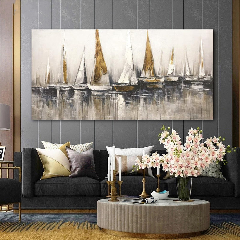 Golden Sailboat Painting Wall Art For Living Room Boat Ship Pictures Canvas Prints Modern Home Decor Oil Painting On Canvas