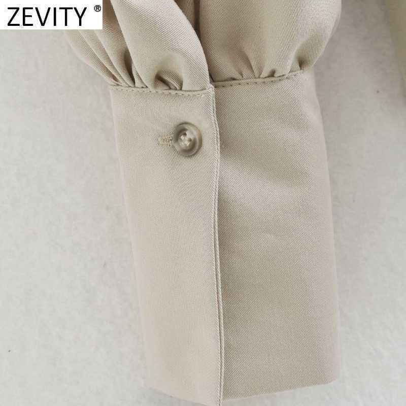 Zevity Women Safari Style Lantern Sleeve Breasted Smock Blouse Office Lady Buckle Sashes Pleat Shirt Chic Blusas Tops LS7406 210603