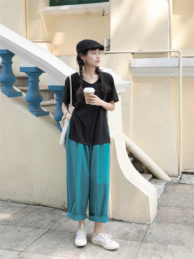 Qooth Wide-Leg Straight Solid Casual Pant's Summer All-Match Fashion Multi-color Office Lady Trendy QT685 210609