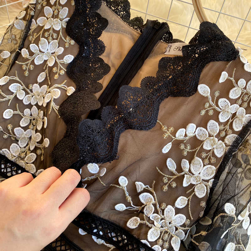 Party Fashion Ladies Embroidery Flower A-line Dress Women V Neck Elegant Vintage Clothing Vestido Feminino R359 210527