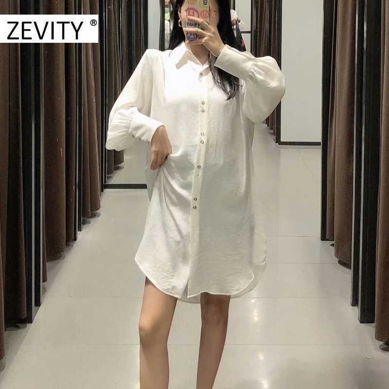Zevity women fashion solid color single breasted long smock blouse office ladies pleat long sleeve shirt chic blusas tops LS7199 210603