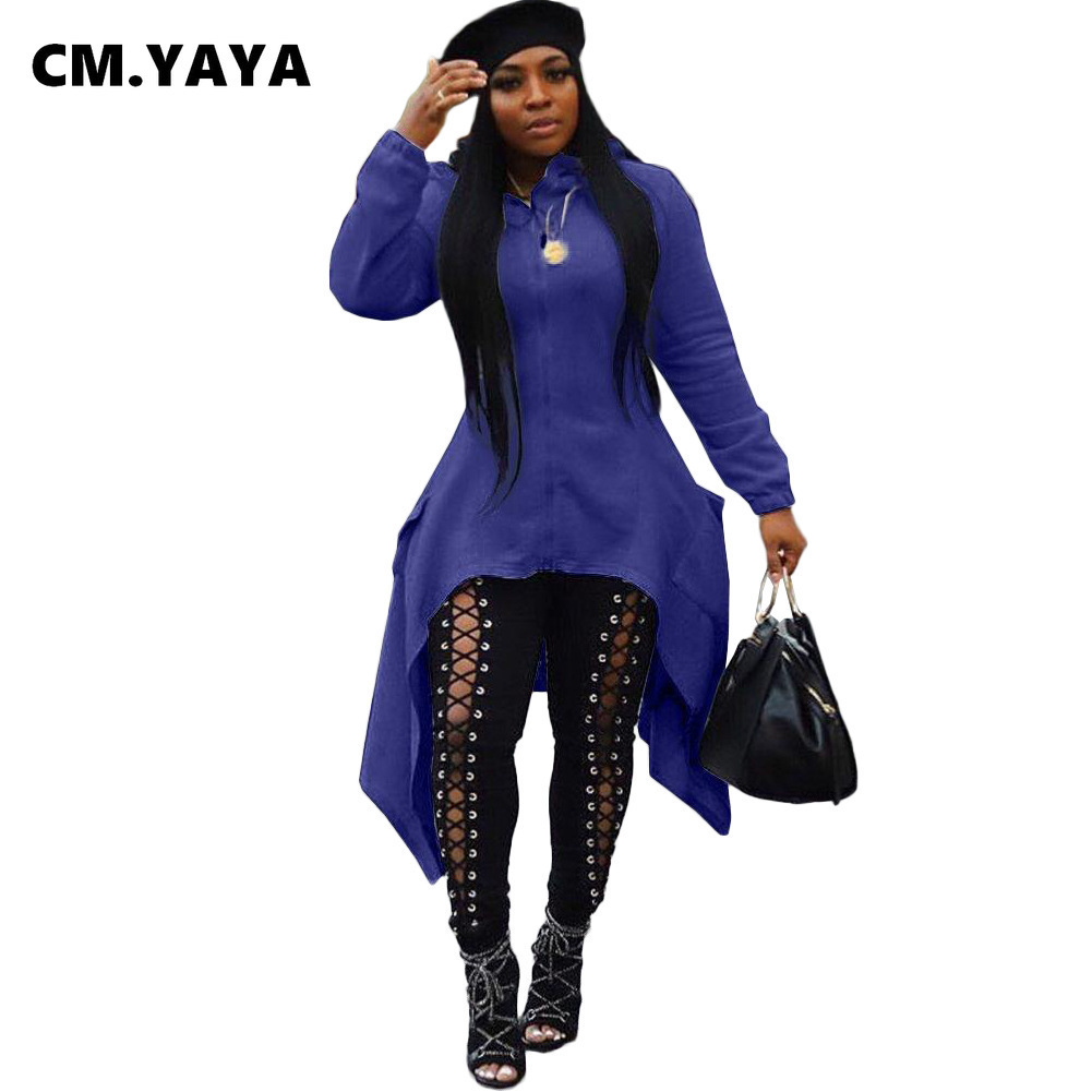 CM.YAYA Women Active Wear Hooded Zipper Long Sleeve Irregular Hem Sweatshirts Autumn Pullovers Hoodies 201217