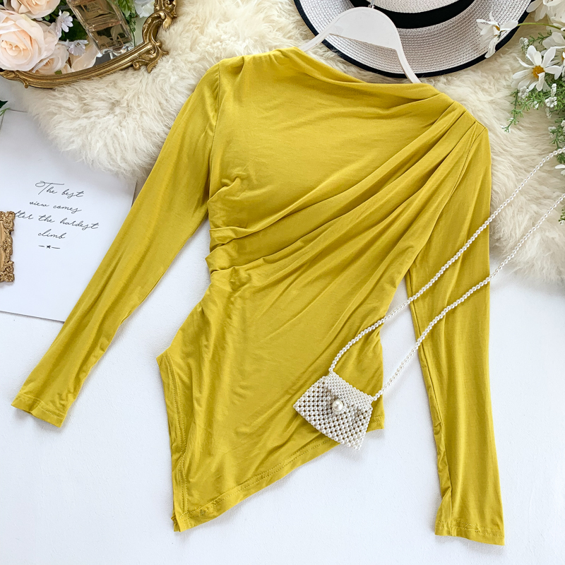 Women's Autumn New Crowd Fold Thin Irregular Tops Ins Long Sleeve Solid Color Casual Tee J763 210302