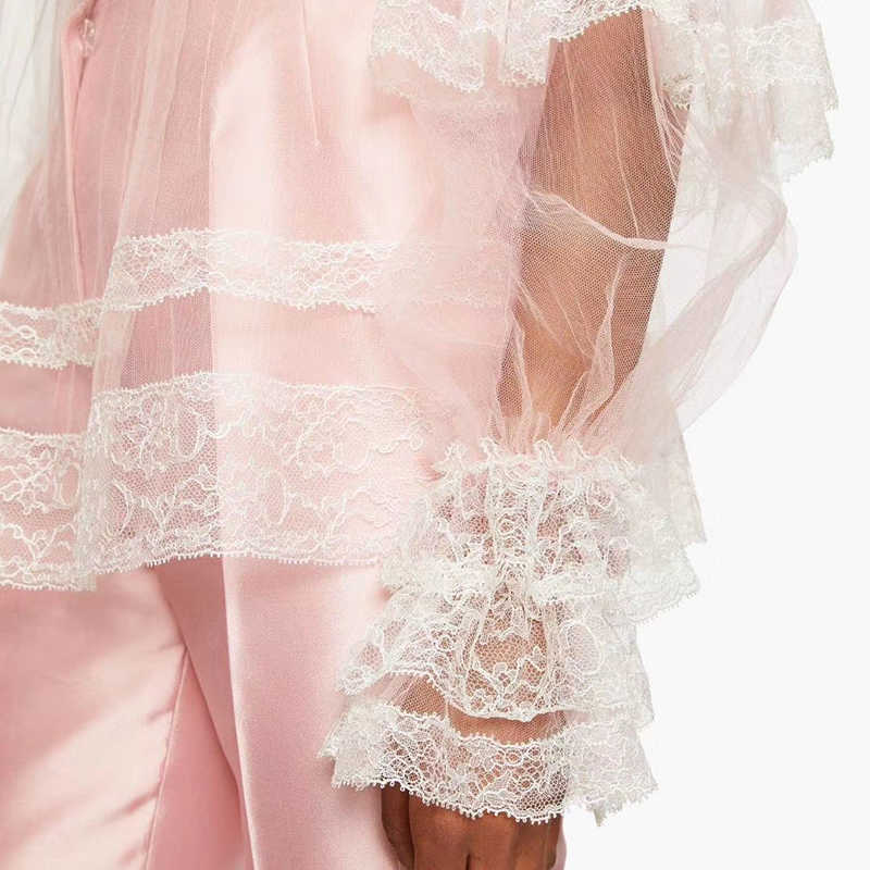 Patchwork Mesh Shirt For Women O Neck Flare Sleeve Lace Hollow Out Perspective Elegant Blouse Female Fashion Style 210531