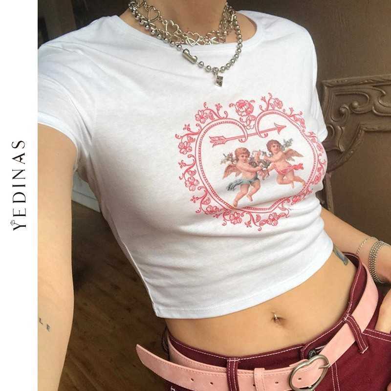 Yedinas Summer Sweet Love Angel Print T Shirts Women Sexy Slim Crop Tops 100% Cotton European Style Short Sleeve Tee Streetwear 210527