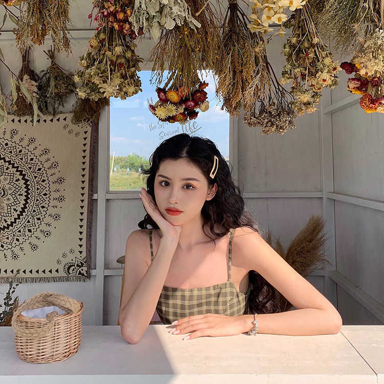 Dress Only] Spring Korean foreign style versatile avocado fruit green retro plaid dress short women 210623