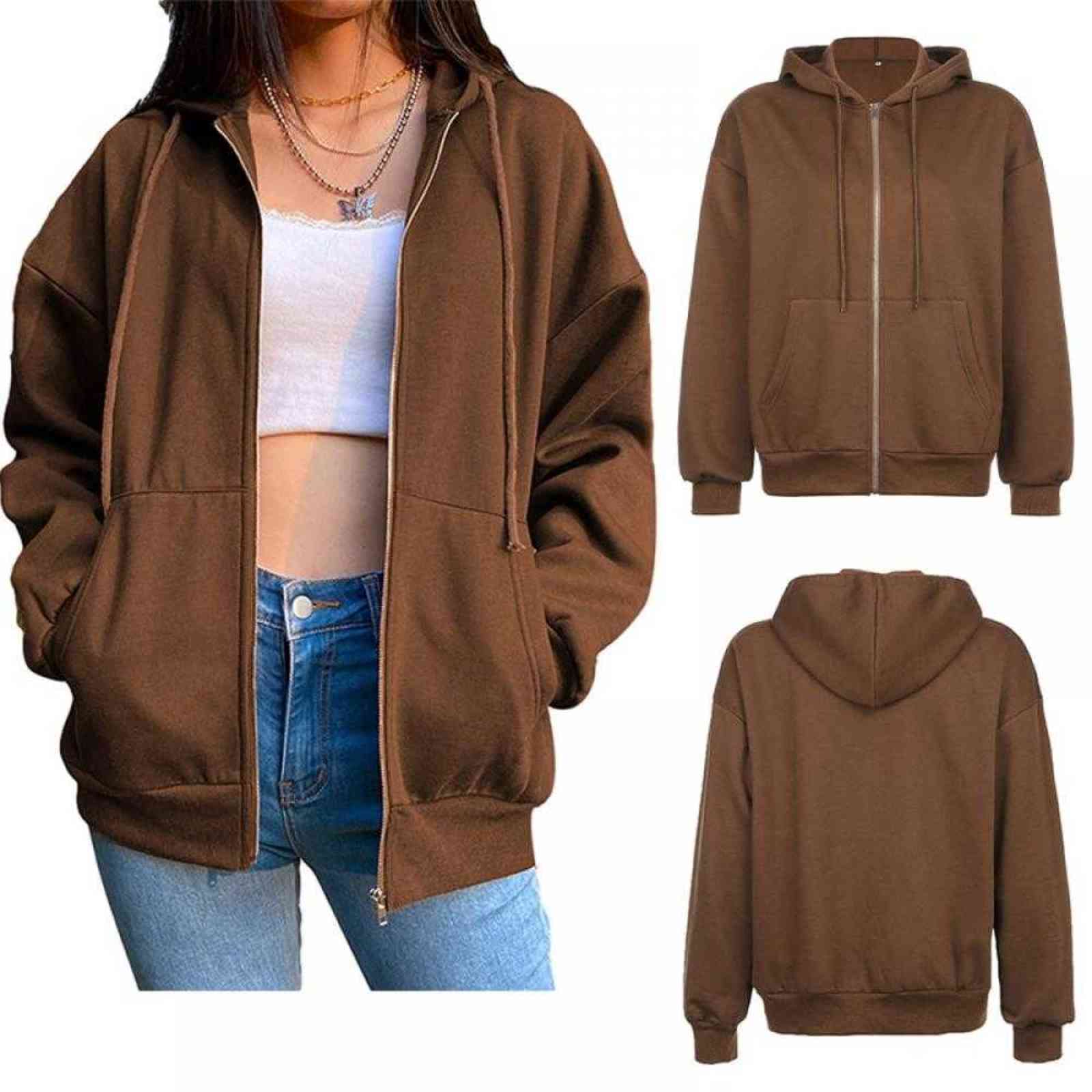 Brown Zip Up Hoodie Vintage Sweatshirts Women Oversized Jacket Coat Y2K Aesthetic Pockets Long Sleeve Hooded Tops Winter Clothes 211104wtt