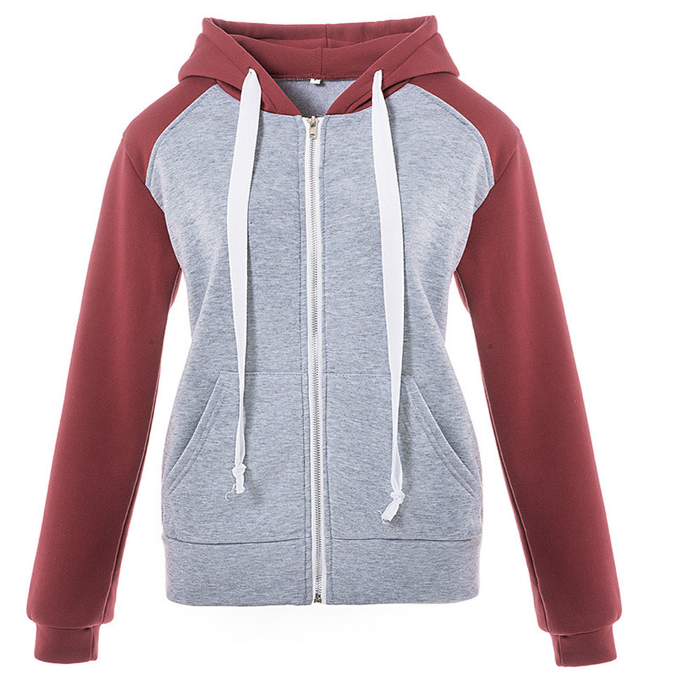 Women Hoodie Casual Kangaroo Pocket Patchwork Long Sleeve Hoodie Sweatshirt With Zipper Hoodie Drawstring Harajuku Fashion T200525