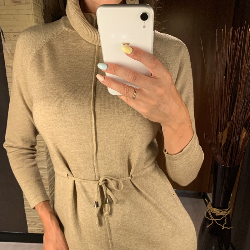 GIGOGOU Turtle Cowl Neck Long Knit Women Straight Dress Autumn Winter Drawstring Midi Dress Split Up Pullover Sweater Dress 210309