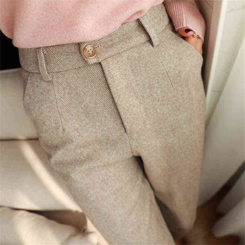 Herringbone Woolen Pants Women's Harem Pencil Autumn Winter High Waisted Casual Suit Office Lady Women Trousers 211129