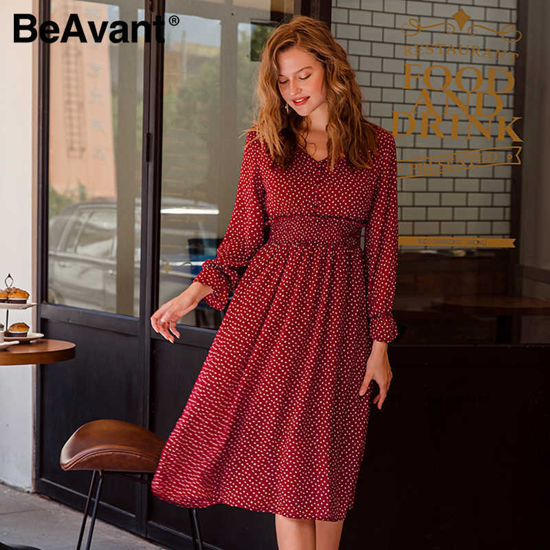 Beavent Casual flare sleeve dress women Elegant V-neck polka dot print dress High waist A-Line holiday female midi dress vestido 210709