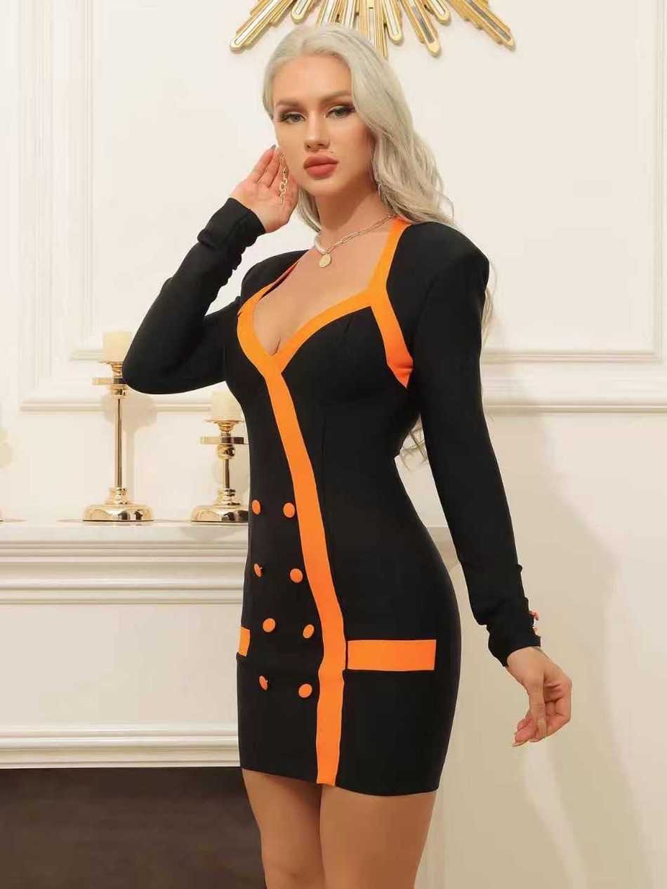 Autumn Women's Fashion Sexy V-neck Button Full Sleeve Bodycon Bandage Mini Dress Elegant Party 210525