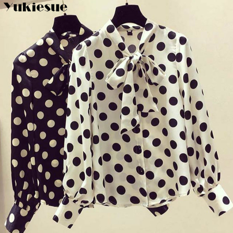 summer long sleeve dot print women's shirt blouse for women blusas womens tops and blouses chiffon shirts ladie's top plus size 210308