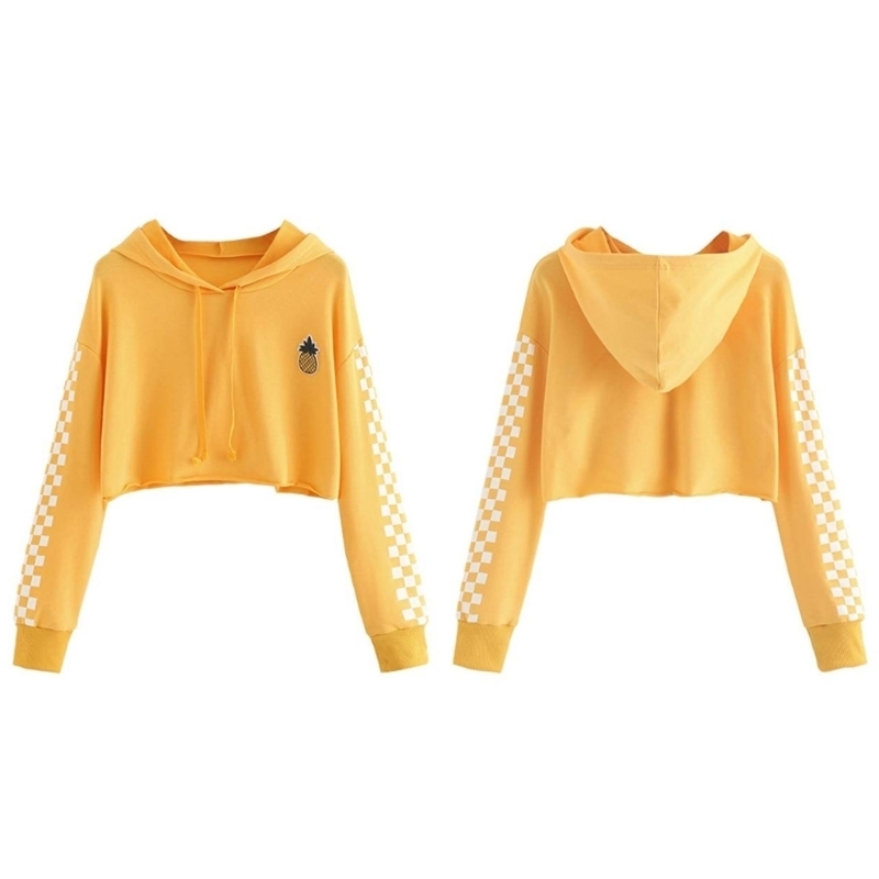 Womens Crop Tops Sweatshirt Pineapple Embroidery Gingham Plaid Hoodies Pullover LJ201103