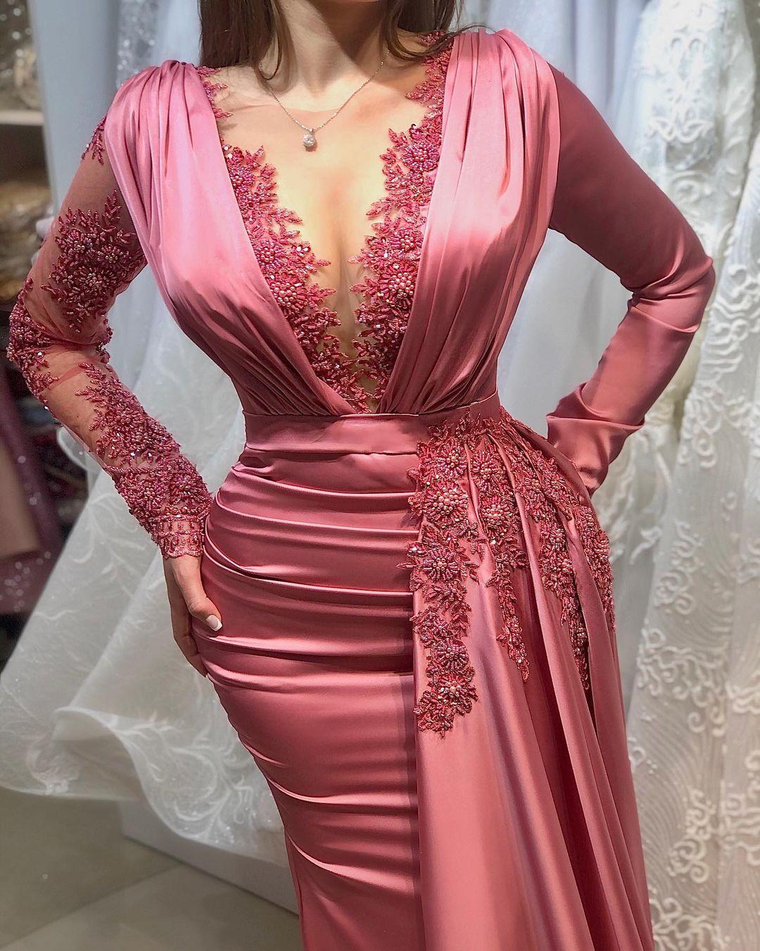 Plus Size Arabic Aso Ebi Lace Beaded Mermaid Prom Dresses Sheer Neck Long Sleeves Evening Formal Party Second Reception Gowns Dress C0213
